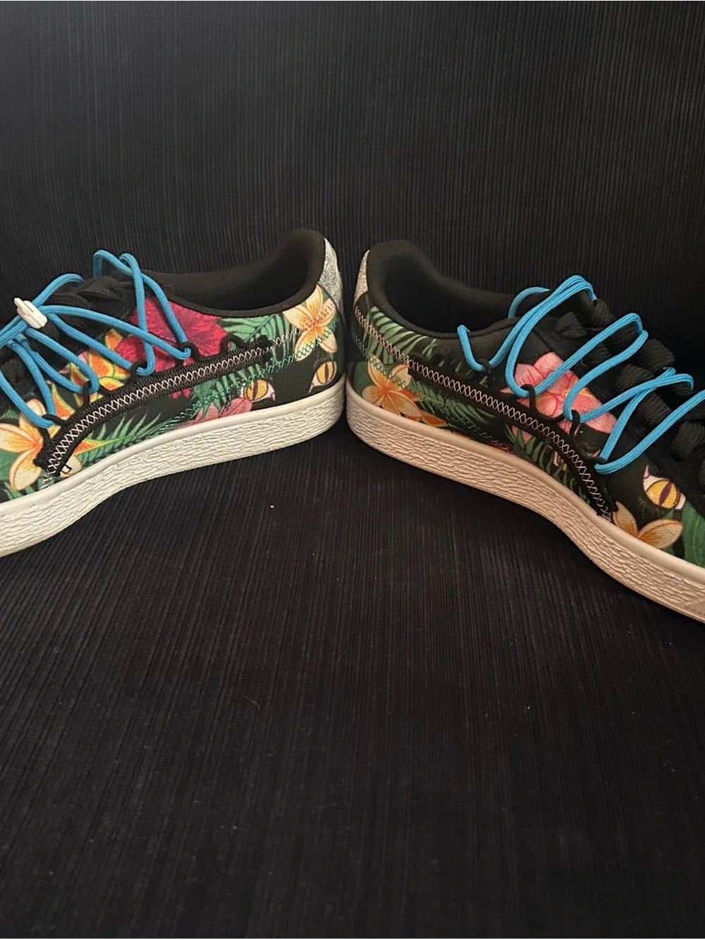 Puma Black Floral Sneakers with Bright Blue Laces